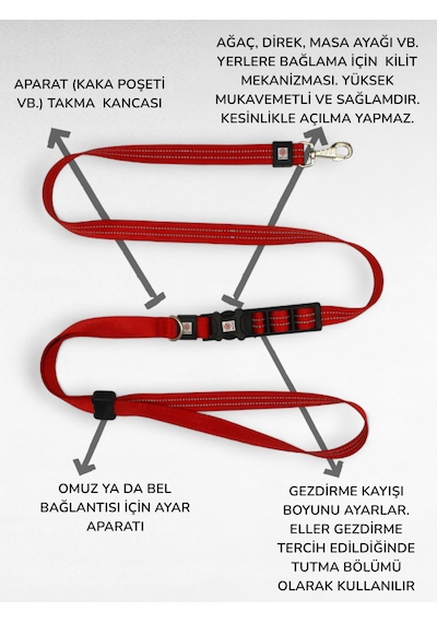 Caramelos Hands-free Eller Serbest Gezdirme Kayışı- Köpek Gezdirme Kayışı - Eller Serbest- Köpek Gezdirme İpi Kırmızı
