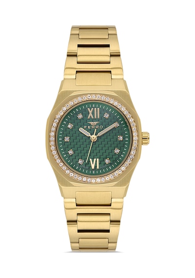 Ferro Fl21616awt-b6 Quartz Çelik Altın Rengi Yeşil Kadran 27 Mm Kadın Kol Saati Altın