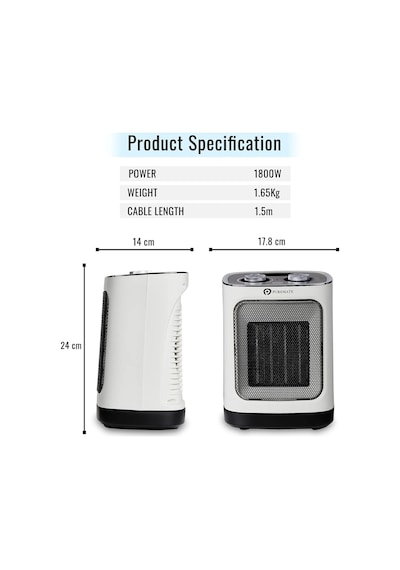 Puremate Seramik Fanlı Isıtıcı, 2 Isıtma Ayarlı 1800w Taşınabilir Elektrikli Isıtıcı