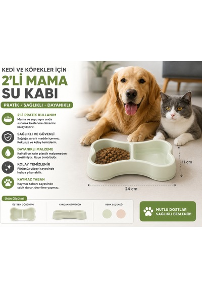 Kemik Şekilli Kedi Köpek Mama Ve Su Kabı 30x20 Cm Geniş Kaymaz Tabanlı - Yeşil