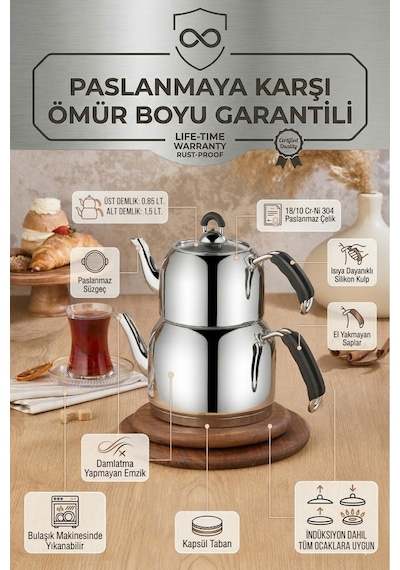 Özkent Lotus Mini Boy Paslanmaz Çelik Çaydanlık 2,35 Lt 0,85+1,5lt Süzgeçli