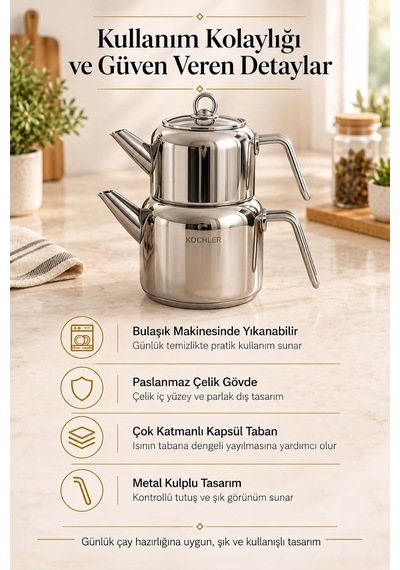 Tr Dila Çelik Çaydanlık Cam Kapaklı, Metal Saplı Orta Boy Çaydanlık Seti Genel