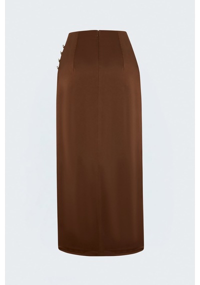 Sateen Düğme Detaylı Saten Etek - Kahve-138036