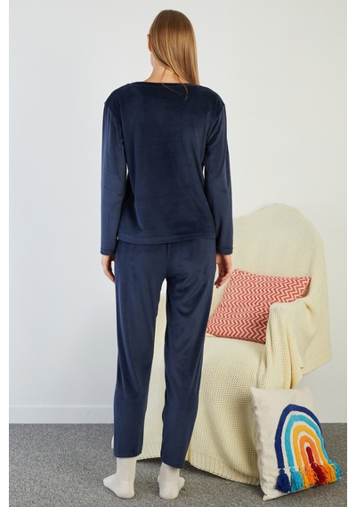 Fullamoda I Love Winter Kabartma Baskılı Kadife Pijama Takımı Lacivert