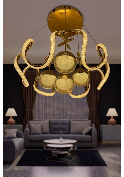 Arya Fanus 4 Toplu Simli Slikonlu Yüksek Işık Modern Salon Led Avizesi - Kumandasız / Gold Gold