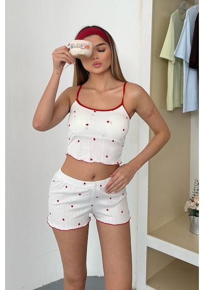 Giysa Kadın Askılı Kaplı Desenli Şortlu Pijama Takımı Beyaz - 3403