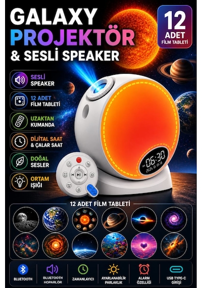 Galaxy Uyumlu Projektör Yıldız Gece Lambası Rgb Bluetooth Hoparlörlü Döner Uzay Projeksiyon Alarm Özellikli