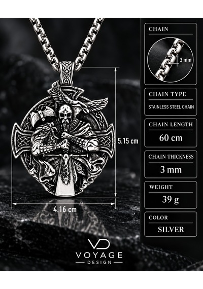 Paslanmaz Çelik Viking Savaşçısı Odin Kuzgun Figürlü Kelt Haçı Viking Erkek Kolye Antik Gümüş