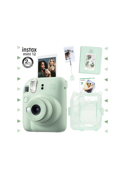 Fujifilm Instax Mini 12 Fotoğraf Makinesi + 10'lu Film + Kıskaçlı Stand + Pvc Albüm + Simli Pleksi Kılıf Seti Yeşil