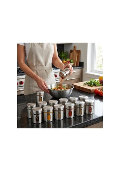 Deconox 12'li Metal Kaplı Cam Baharatlık Seti 60 Ml - Döner Başlıklı Paslanmaz Çelik Baharat Takımı 7009