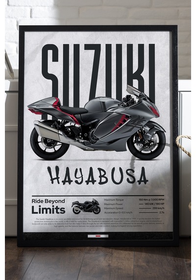 Suzuki Hayabusa Siyah Ahşap Çerçeveli Poster, Dekoratif Motosiklet Duvar Tablosu