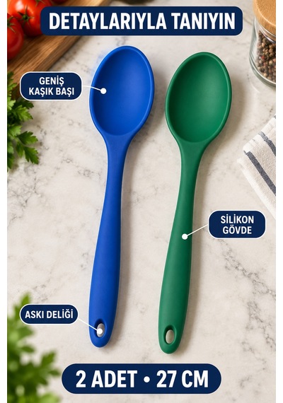 2'li Set Mavi Yeşil Büyük Boy Silikon Kaşık 27 Cm Mutfak Yemek Pişirme Ve Servis Kaşığı 2 Renkli Set