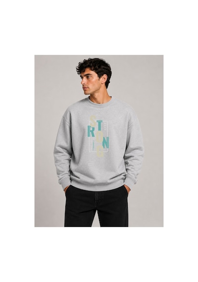 Herkesemoda Strong Baskı Detaylı Bisiklet Yaka Şardonlu 2 İplik Sweatshirt Gri