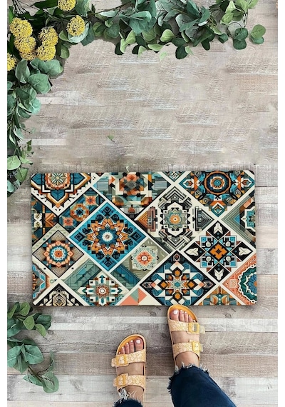 Valerine Life Mozaik Desenli Hoş Geldiniz Kapı Önü Paspası 45x70cm Kahverengi
