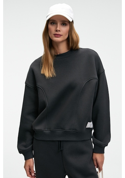 Grimelange SERENYA Kadın Pamuklu Etiket Detaylı Bisiklet Yaka Antrasit Sweatshirt