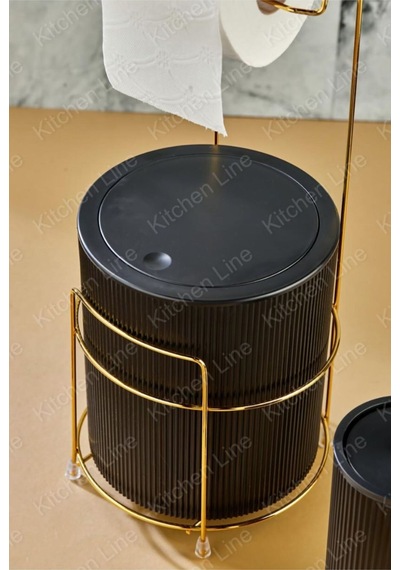 Lüx Gold Banyo Tuvalet Kağıtlığı Çöp Kovası Tuvalet Fırçası 3lü Set 6 Litre Paslanmaz Tel Plastik Siyah