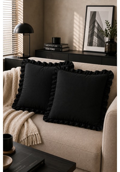 2 Li Siyah Fırfırlı Dekoratif Kırlent Kılıfı %100 Pamuk 45x45 Cm