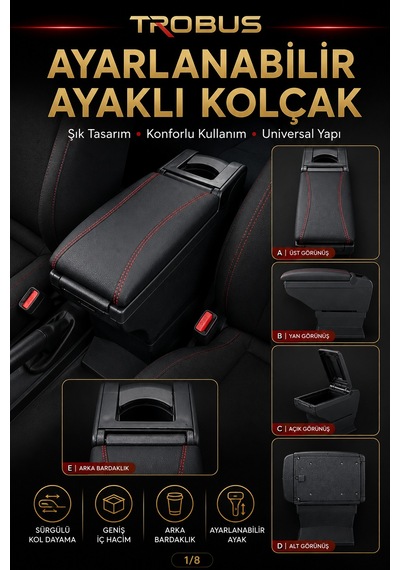 Trobus Toyota Corolla 1992-2007 Uyumlu Ayarlanabilir Ayaklı Kolçak Kol Dayama Siyah-kırmızı