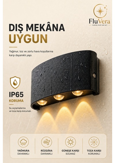 Pilsiz Amber 3 Led Siyah Duvar Apliği Yukarı Aşağı Işık Dekoratif Led Duvar Lambası Modern İç Dış Mekan Siyah
