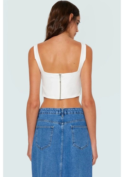 Ersefa Dokuma Polyester Korse Bluz Fitted Kalıp Kolsuz Crop Şık Görünüm Ekru
