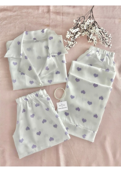 Mh Moony Homewears 3'lü Lila Sevgisi Kalpli Saten Pijama Takımı LILA