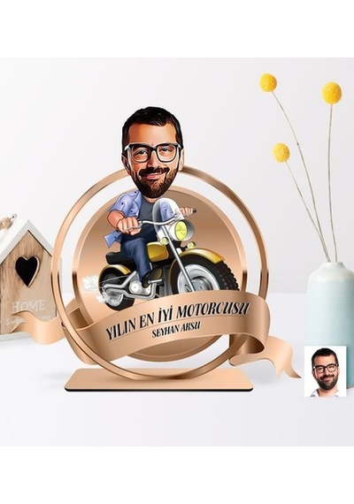 Kişiye Özel Yılın En Iyi Motorcusu Karikatürlü 3D Ahşap Biblo Pla