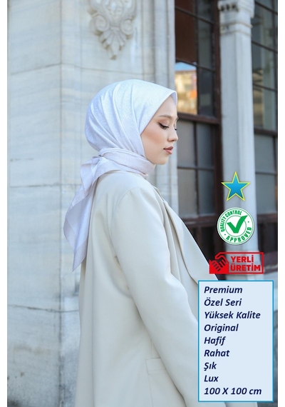 Eşarp - Premium Lux Original Monogram Eşarp İpek Vual, Yüksek Kalite, Hafif, Rahat, Şık, Scarf Krem