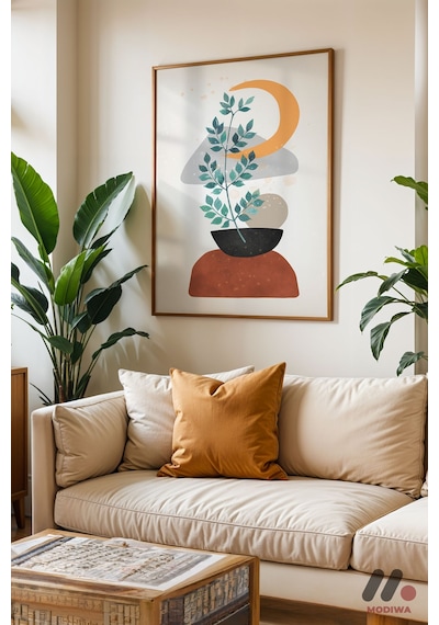 Boho Saksı Bitki, Ahşap Çerçeveli Duvar Tablosu - Modern Ev Dekorasyonu