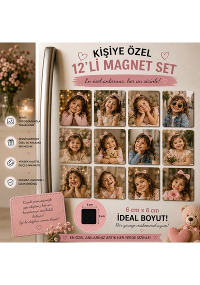 12'li Kare Fotoğraf Magneti Kız Çocuğuna Kişiselleştirilebilir Çocukluk Anıları Hediye Seti