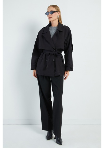 Fullamoda Beli Kemerli Kruvaze Yaka Oversize Trençkot Siyah