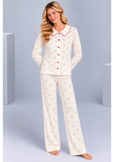 Pijamask Kadın Çiçek Desenli Bebe Yaka Düğmeli Uzun Kollu Müslin Pijama Takımı Krem