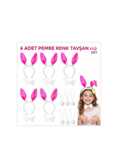 Şeker Pembesi Tavşan Sahne Seti 6&amp 39 Lı Set Taç Semeglbl - 5 Papyon Kuyruk