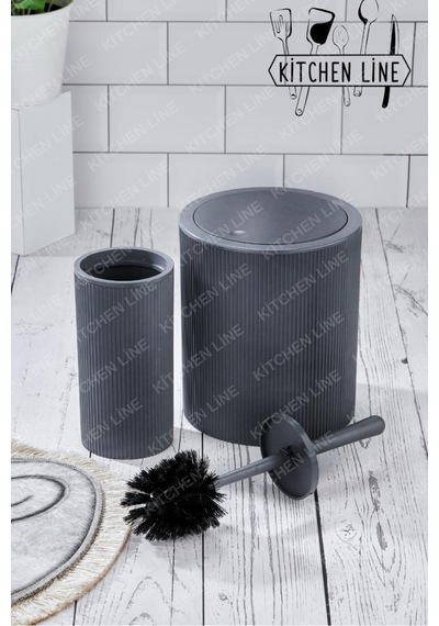 Yuvarlak Çöp Kovası & Yuvarlak Tuvalet Fırçası Seti Ikili Banyo Seti Koyu Gri Gri
