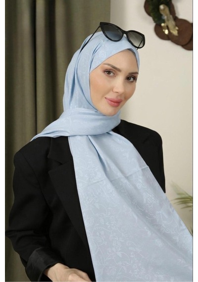 Flora Tekstil Çiçekli Desen İnce Medine İpeği Jakar Şal Bebek Mavisi