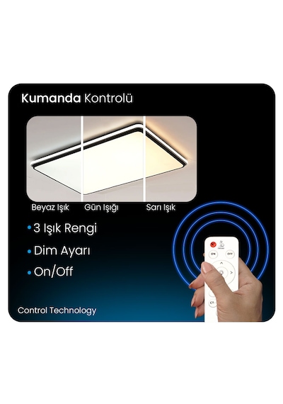 Siyah Dikdörtgen Kumandalı Dimli 3 Işık Renkli 88x62cm Led Tavan 3Renk Kumandalı
