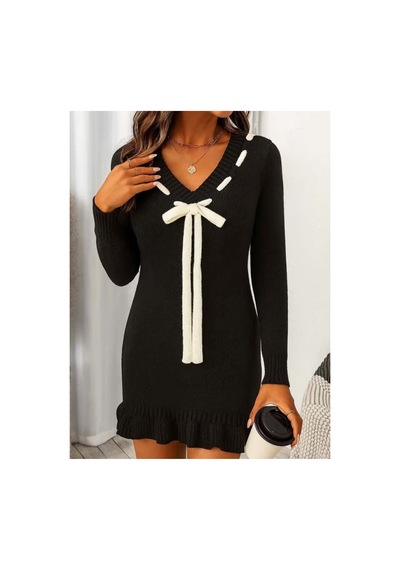 Butik İstanbul Kadın Uzun Kollu V Yakalı Yakadan Bagcıklı Kısa Triko Elbise Siyah