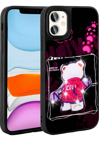 Apple Uyumlu iPhone 11 Kılıf Parlayan Kabartmalı İkonik Figürlü Klfs Amas Silikon Kapak - Pembe Pembe