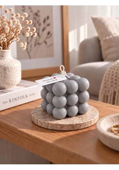Mumelia Bubble Küp Doğal Soya Dekoratif Blok Mum - Büyük Boy - Gri