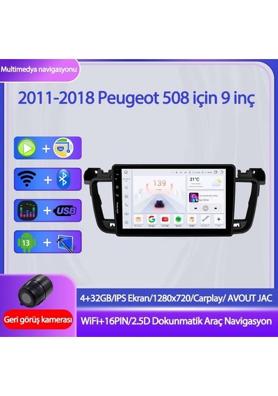 Otolas Peugeot 508 2011-2018 Yıl Uyumlu 9 Inç 4 Gb Ram 32 Gb Hafıza Multimedya Carplay Navigasyon Kamera 9"