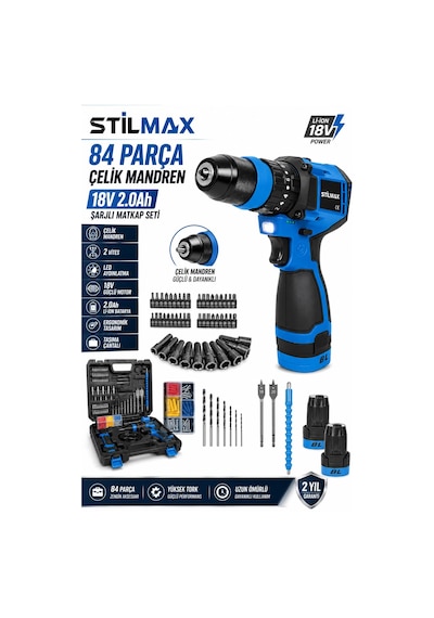 Stilmax 18v Brushless Şarjlı Matkap Seti 84 Parça Çelik Mandren Çift Akülü 2.0ah Vidalama Darbeli