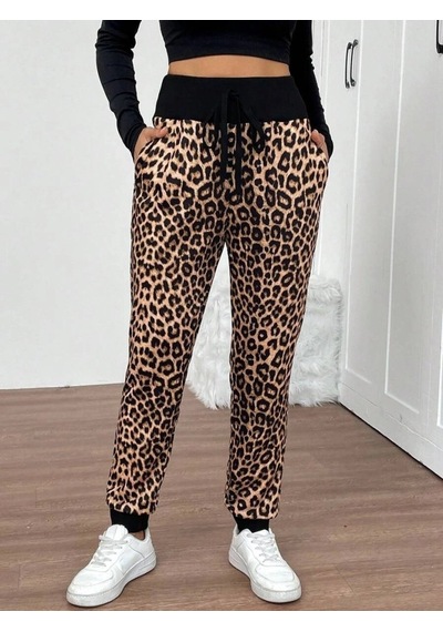 Zennamoda Kadın Yüksek Bel Bağcıklı Desenli Iki Iplik Pantolon Leopar