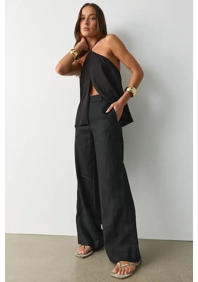 Madmext Siyah Yüksek Bel Keten Wide Leg Pantolon Mg2718