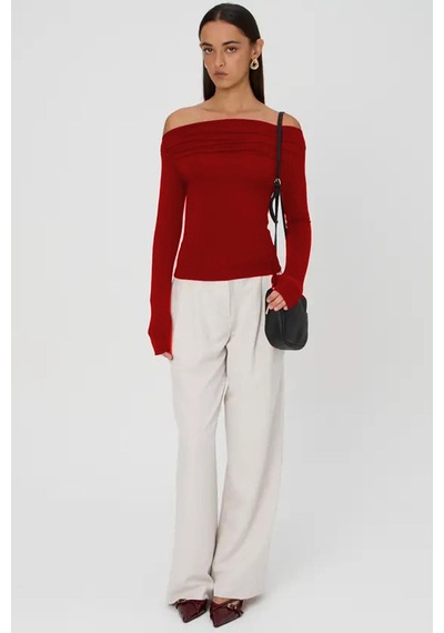 Seeh Kırmızı Kayık Yaka Büzgülü Kadın Body Sh225