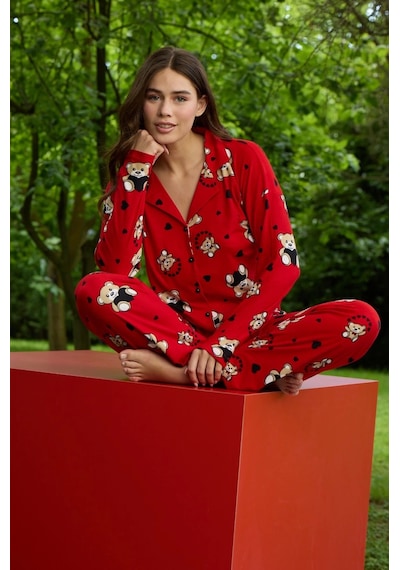 Pijamoni Ayıcık Baskılı Önü Düğmeli Uzun Kollu Kırmızı Pijama Takımı - 5660 Desenli Kırmızı Pijamoni Ayıcık Baskılı Önü Düğmeli Uzun Kollu Kırmızı Pijama Takımı - 5660 Desenli Kırmızı