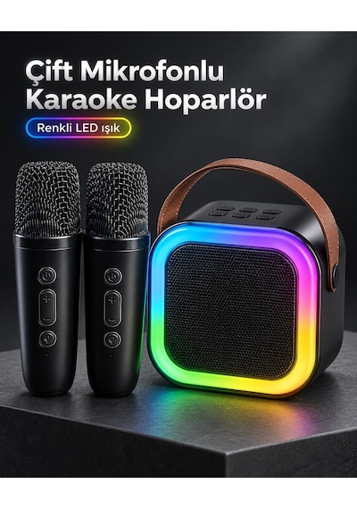 Zenvia Taşıma Askılı Siyah Led Işıklı Bluetooth Hoparlör Çift Mikrofonlu Karaoke Seti Znv2026