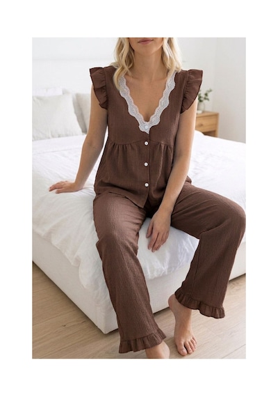 Fit Women Dantel Detaylı Fırfır Kollu V Yaka Pijama Takımı 6023 Kahverengi