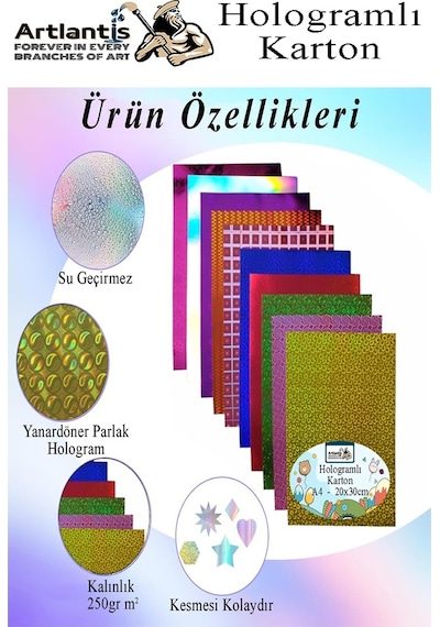 Hologramlı Karton 20x30 Cm A4 10 Renk 1 Paket Hulogramlı Fon Kartonu Kağıt Yanar Döner Parlak Hologram Okul Öncesi Kreş