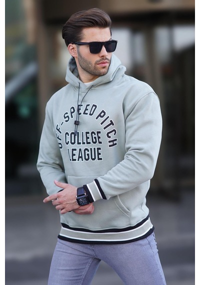 Madmext Çağla Yeşil Kapüşonlu Cep Detaylı Baskılı Erkek Sweatshirt 7068 Yeşil