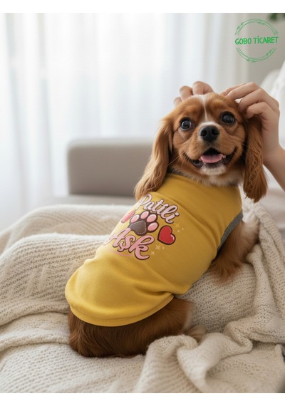 Sarı Renkli Patili Aşk Baskılı Kedi Ve Köpek Kıyafeti Tişörtü Elbisesi Medium/m/beden 2