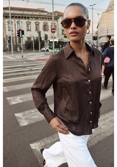 Sateen Salaş Gömlek - Koyu Kahve-137367 Koyu Kahverengi